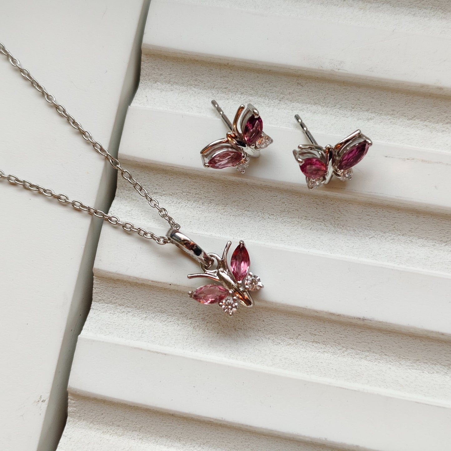 Pink Tourmaline Blush Butterfly Pendant with Earrings