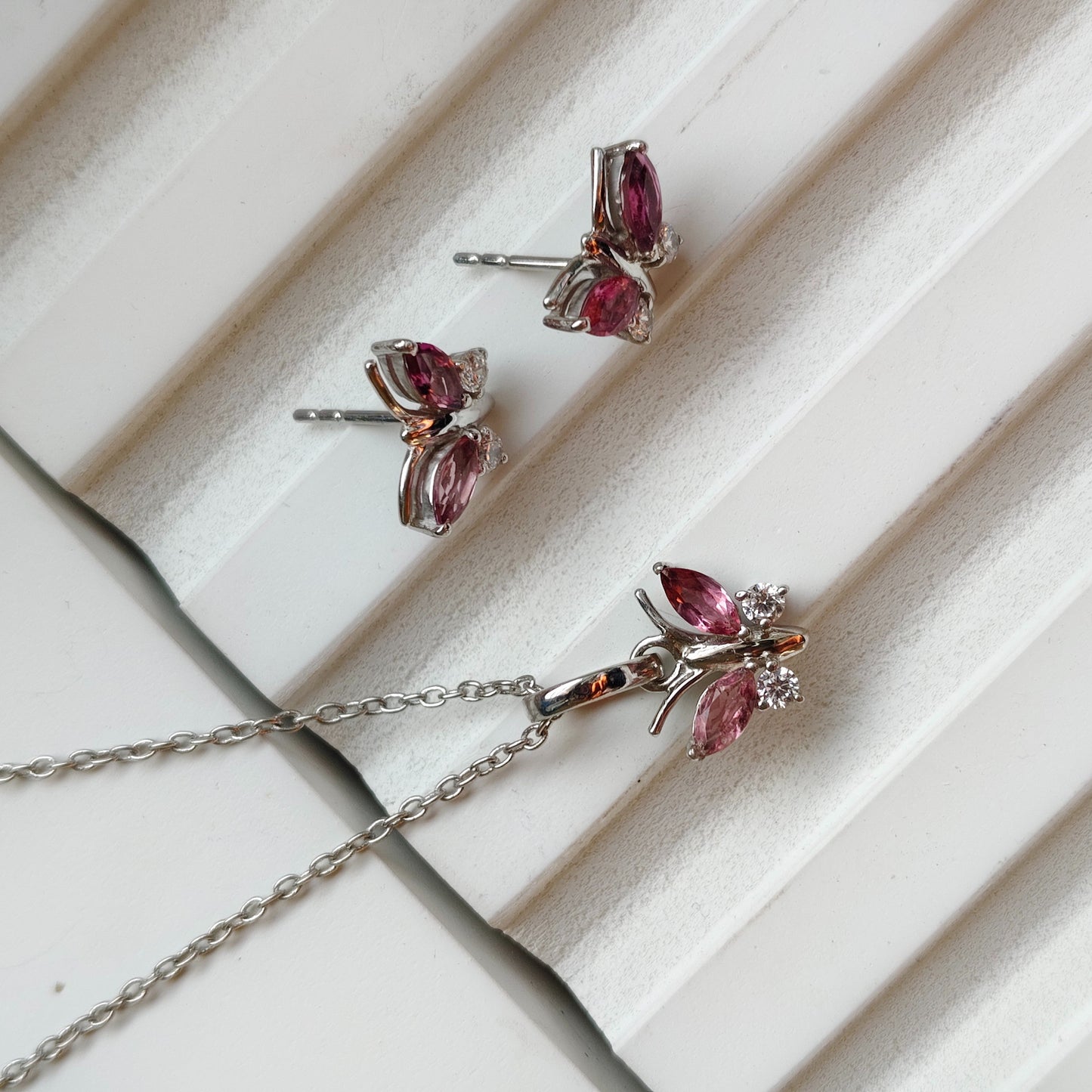 Pink Tourmaline Blush Butterfly Pendant with Earrings