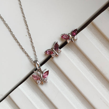 Pink Tourmaline Blush Butterfly Pendant with Earrings