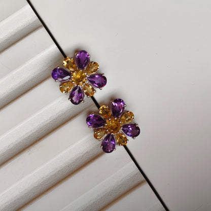 Dual Bloom Amethyst and citrine stud earrings