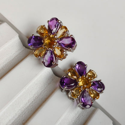 Dual Bloom Amethyst and citrine stud earrings