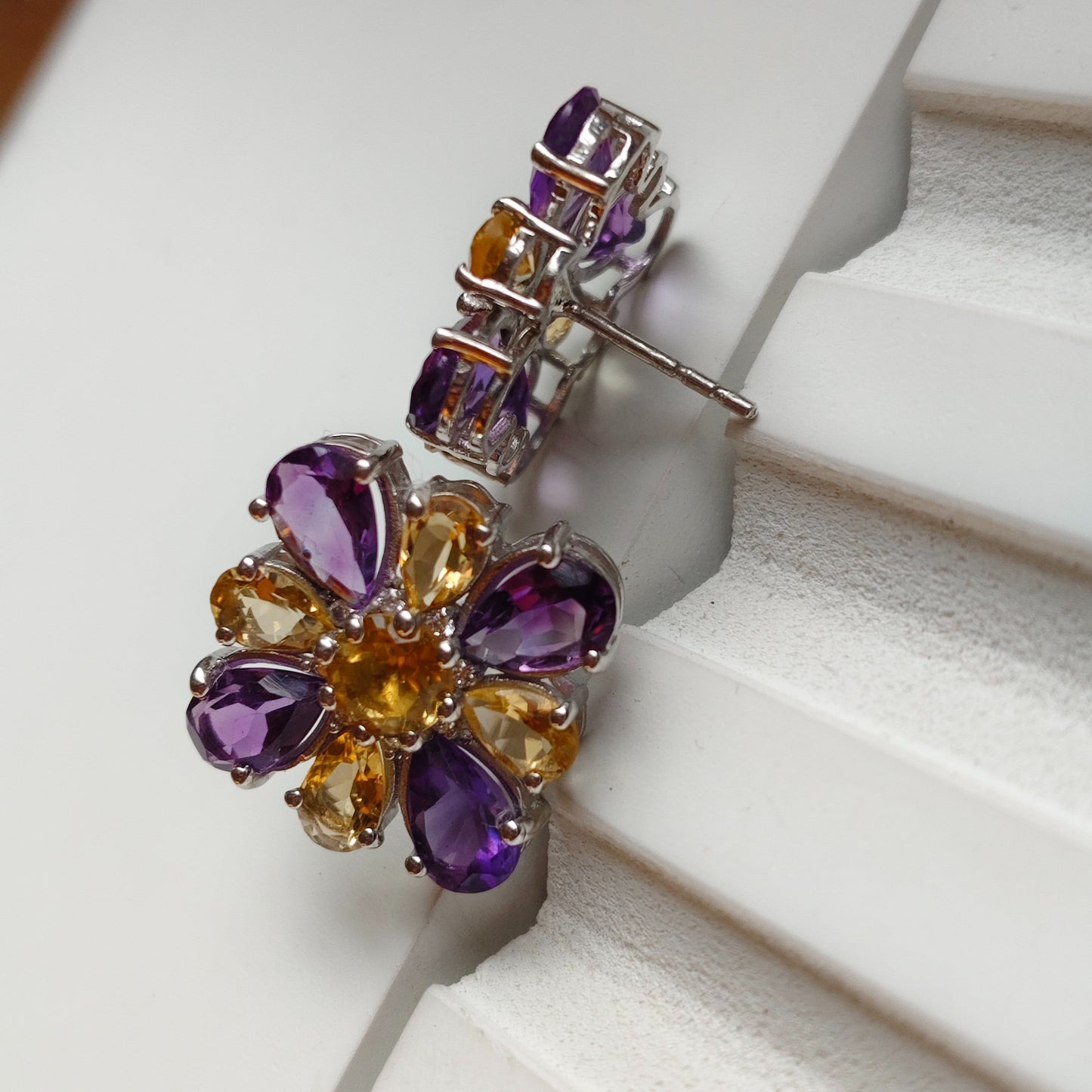 Dual Bloom Amethyst and citrine stud earrings