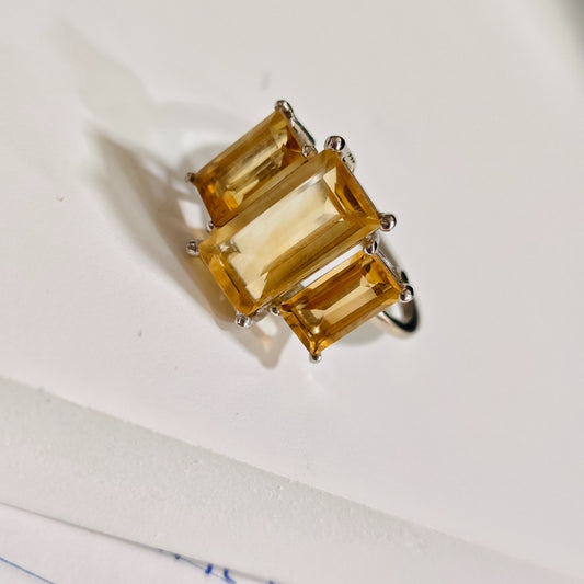 3 Baguette Citrine Gemstone Ring