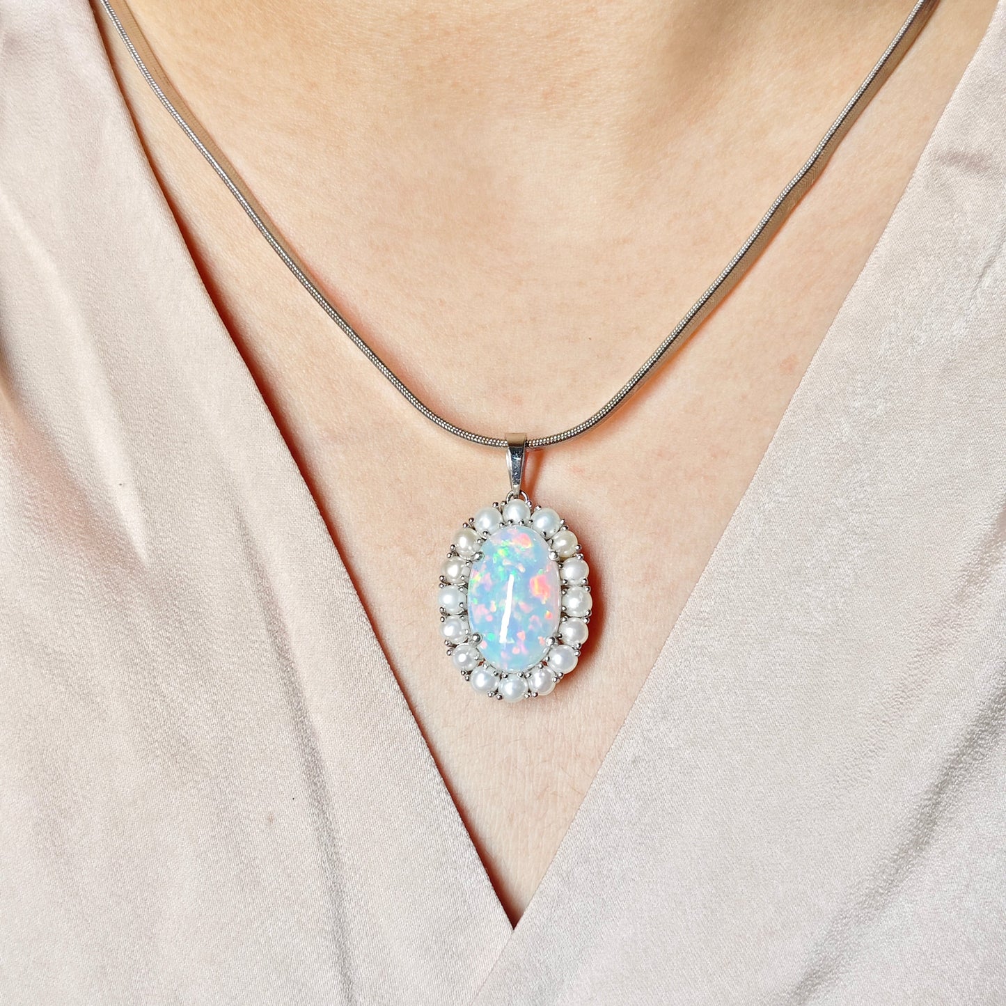 Natural Ethiopian Opal and Pearl Pendant with Earrings and Snake chain