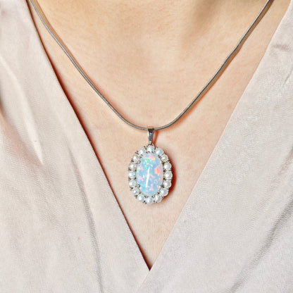 Natural Ethiopian Opal and Pearl Pendant with Earrings and Snake chain
