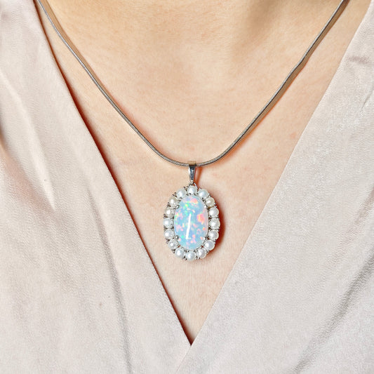 Natural Ethiopian Opal and Pearl Pendant with Earrings and Snake chain