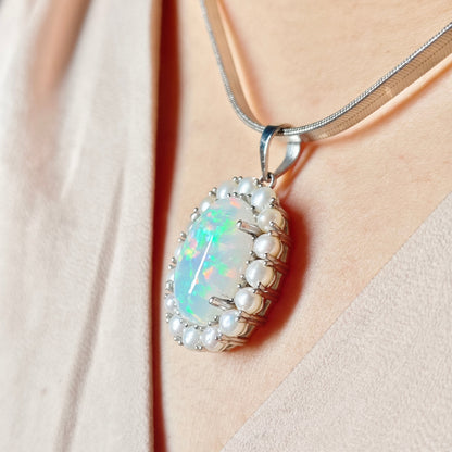 Natural Ethiopian Opal and Pearl Pendant with Earrings and Snake chain