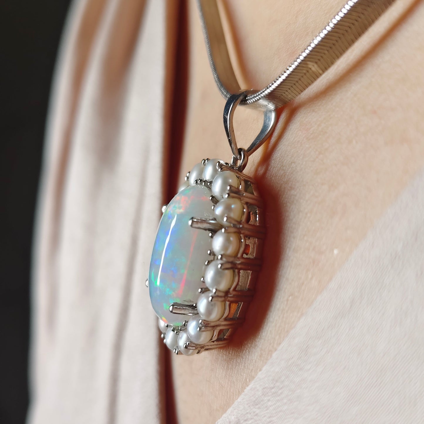 Natural Ethiopian Opal and Pearl Pendant with Earrings and Snake chain