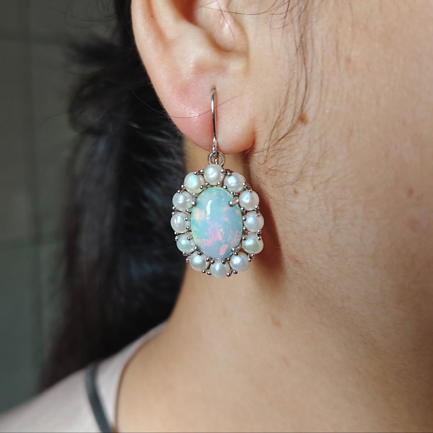 Natural Ethiopian Opal and Pearl Pendant with Earrings and Snake chain
