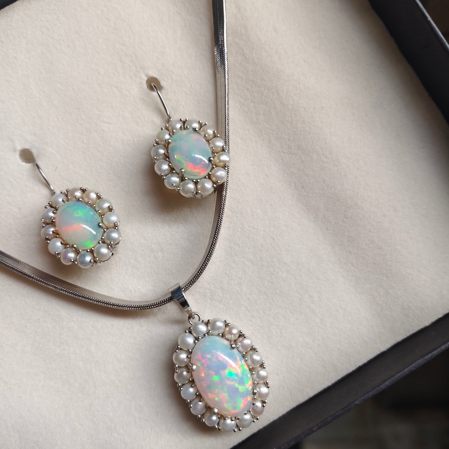 Natural Ethiopian Opal and Pearl Pendant with Earrings and Snake chain
