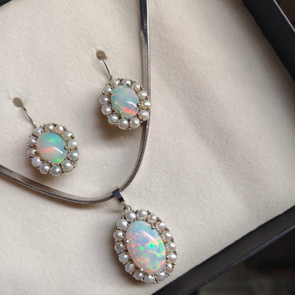 Natural Ethiopian Opal and Pearl Pendant with Earrings and Snake chain