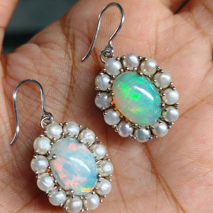 Natural Ethiopian Opal and Pearl Pendant with Earrings and Snake chain