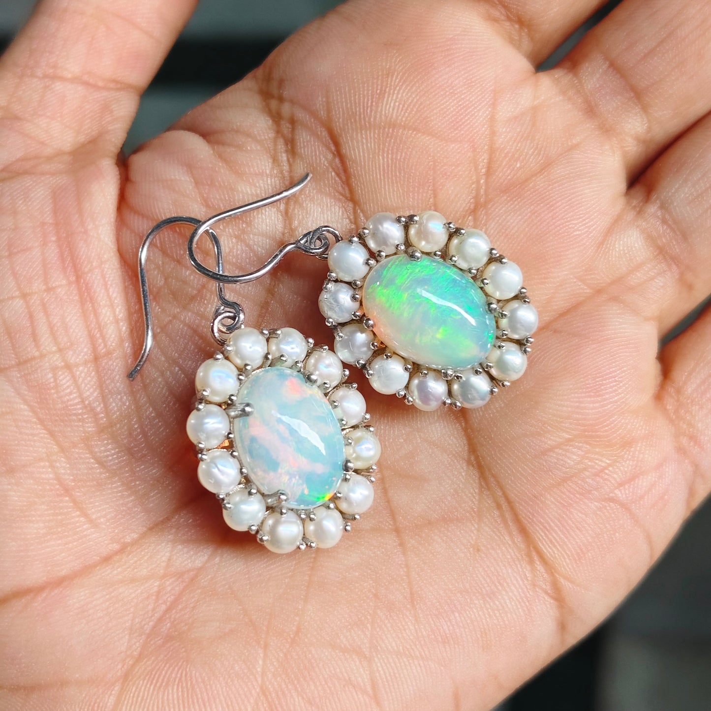 Natural Ethiopian Opal and Pearl Pendant with Earrings and Snake chain