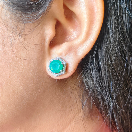 'Hexagon' Natural Green Onyx 925 Silver Studs