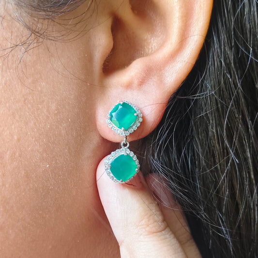 'Dual Cushion' Natural Green Onyx Earrings
