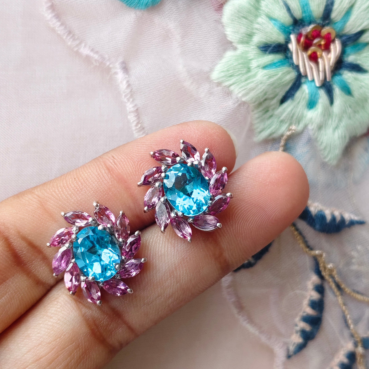 'Floral Empress' Blue Topaz & Pink Tourmaline Earrings