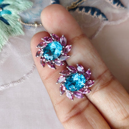 'Floral Empress' Blue Topaz & Pink Tourmaline Earrings