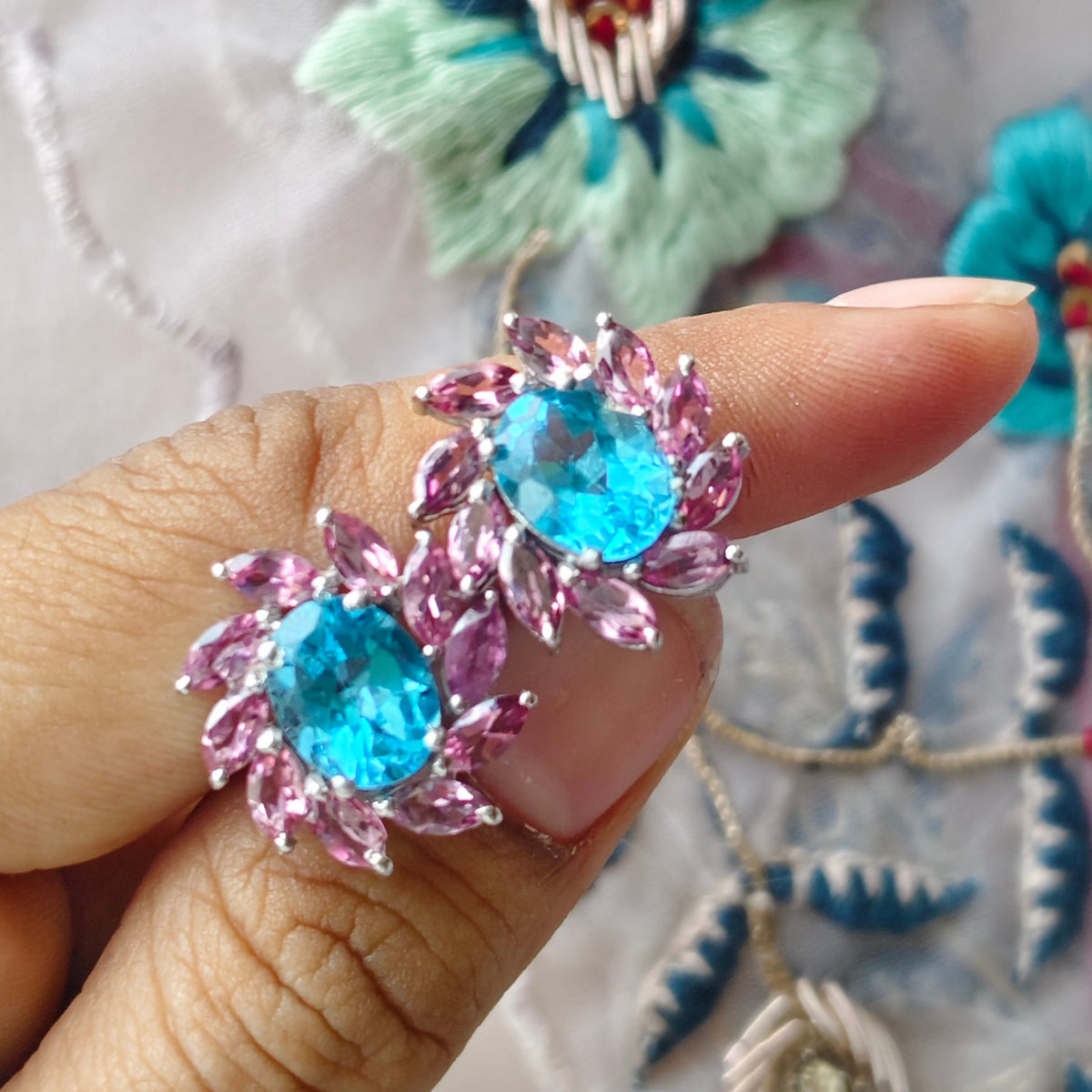 'Floral Empress' Blue Topaz & Pink Tourmaline Earrings