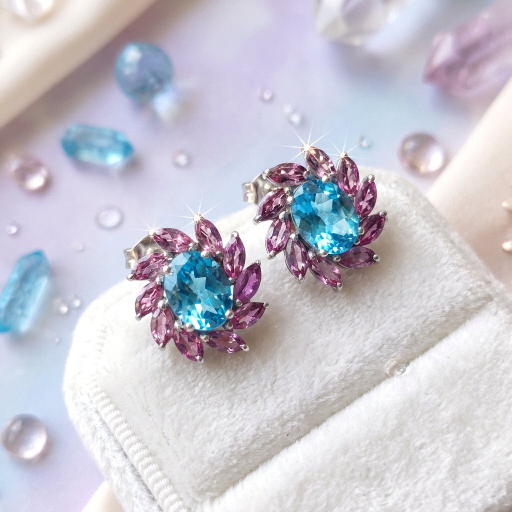 'Floral Empress' Blue Topaz & Pink Tourmaline Earrings