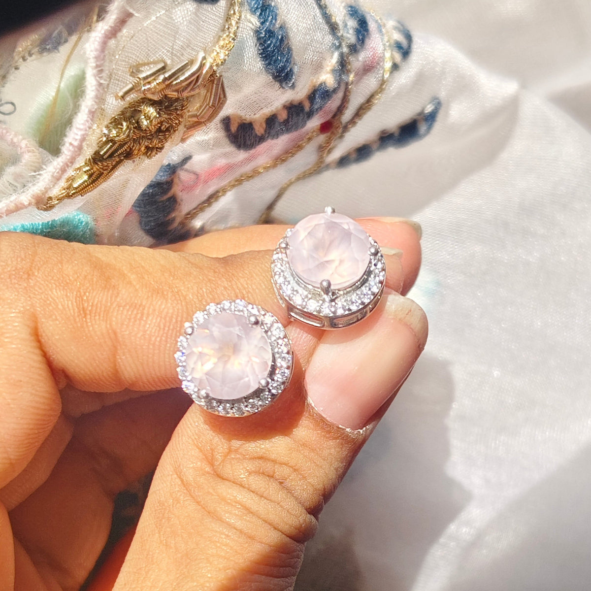 Eternal Round Rose Quartz 925 Silver Studs
