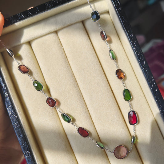 'Gem Medley' Natural Tourmalines 925 Silver 16 Inches Bezel Chain Necklace