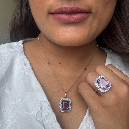 18 Carats Natural Amethyst Ring And Pendant Set