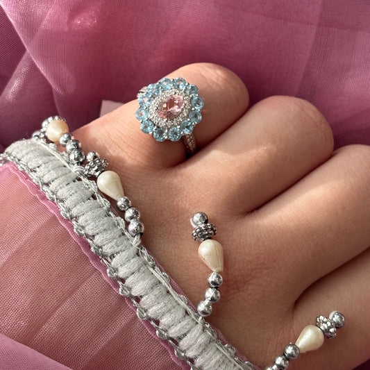 'Bloom Grace' Baby Pink Tourmaline and Blue Topaz Ring