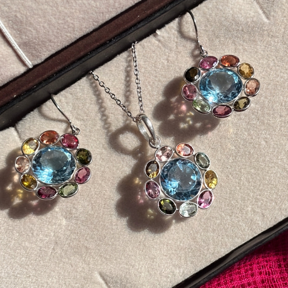 A jewelry set displayed inside an open presentation box, featuring a silver necklace and matching earrings with large round light blue center stones surrounded by small multicolored gemstones. A white tag reading 'IMPORT NO' is attached to the necklace.