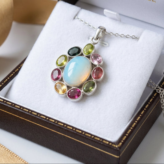 'Jewel Orbit' Natural Ethiopian Opal and Multi Tourmaline Pendant with Chain