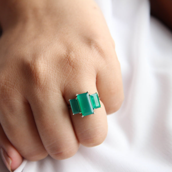 3 Baguette Green Onyx Gemstone Ring Party/Cocktail