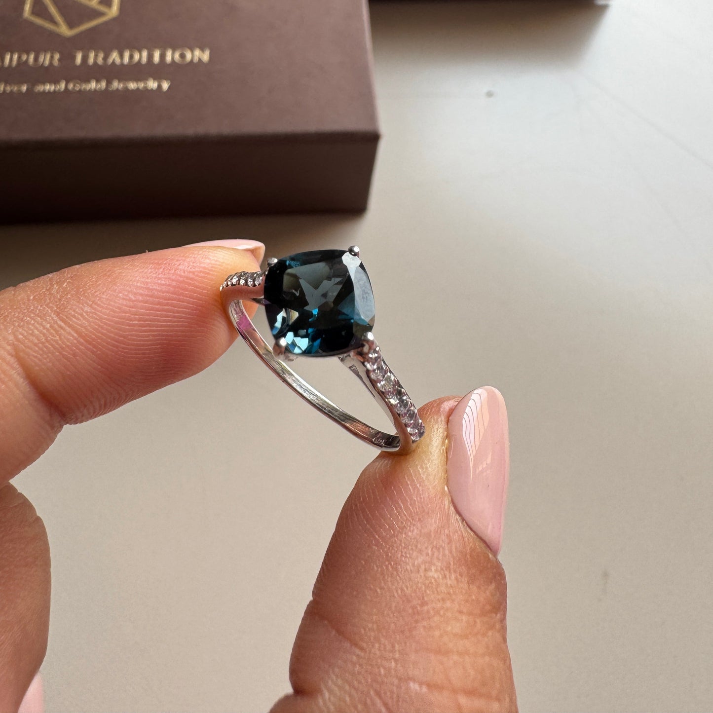Cushion Mist Natural London Blue topaz Ring