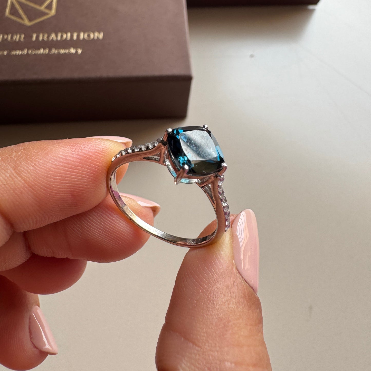 Cushion Mist Natural London Blue topaz Ring