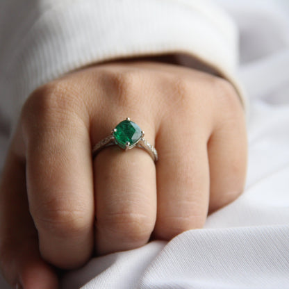 Cushion Mist Natural Emerald Ring