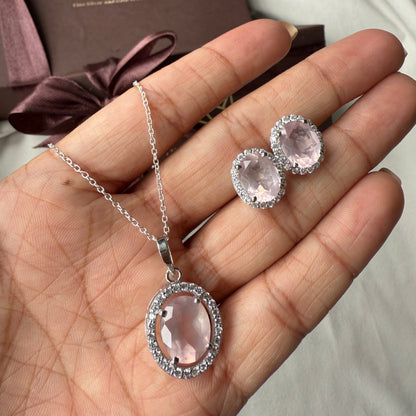 Oval Statement Natural Rose Quartz Pendant and Earring Set