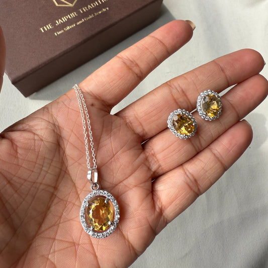 Oval Statement Silver Citrine Pendant And Earring Set