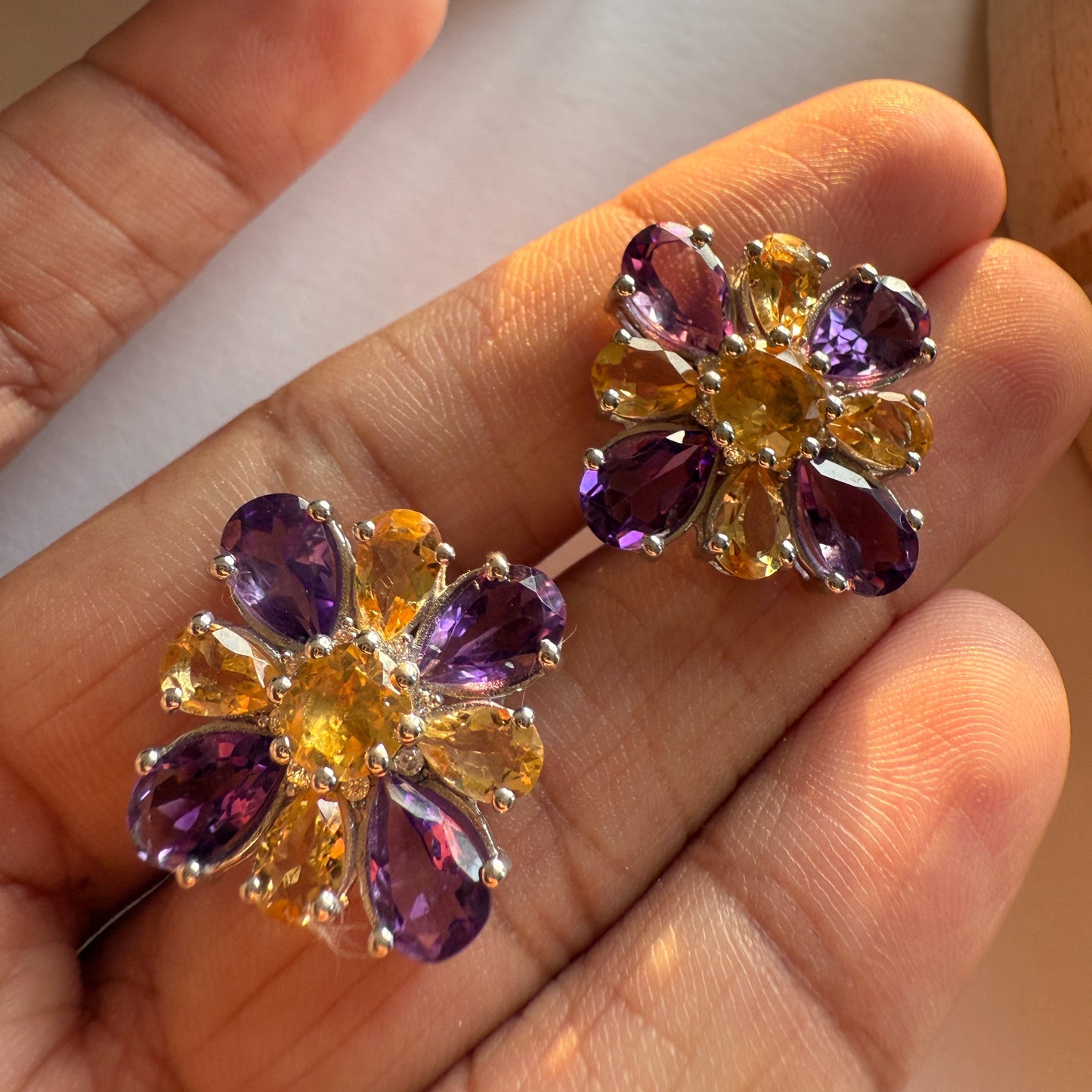 Dual Bloom Amethyst and citrine stud earrings
