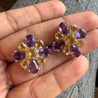 Dual Bloom Amethyst and citrine stud earrings