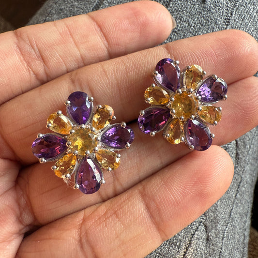 Dual Bloom Amethyst and citrine stud earrings