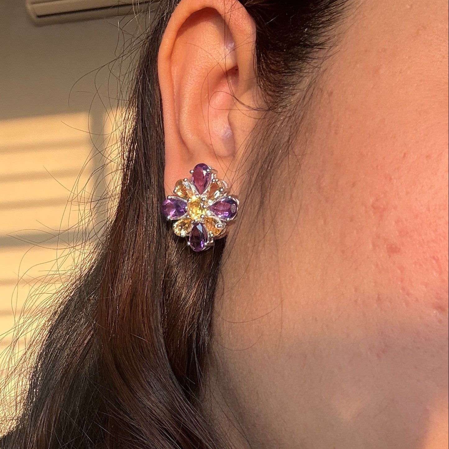 Dual Bloom Amethyst and citrine stud earrings