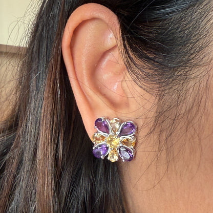 Dual Bloom Amethyst and citrine stud earrings