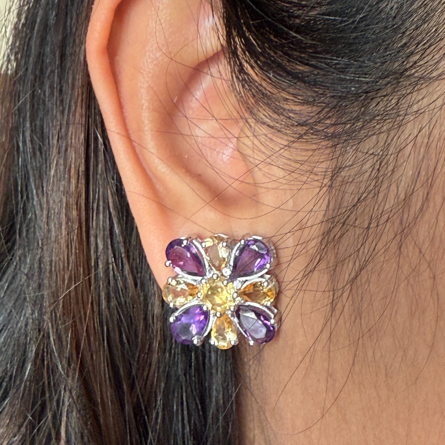 Dual Bloom Amethyst and citrine stud earrings
