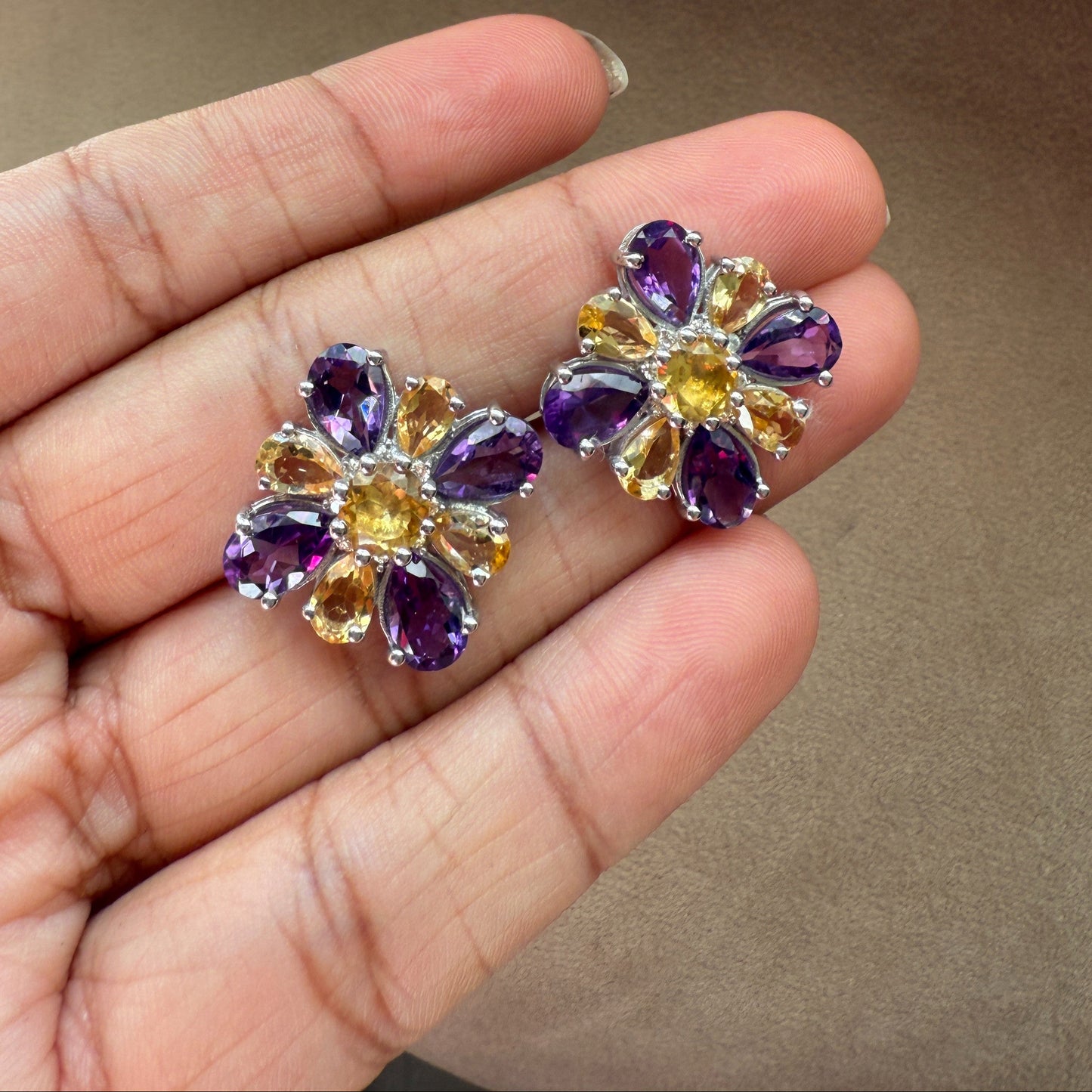 Dual Bloom Amethyst and citrine stud earrings