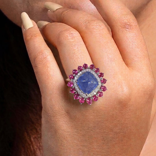 Ring in 925 silver in natural Tanzanite and pink tourmalines combination hand