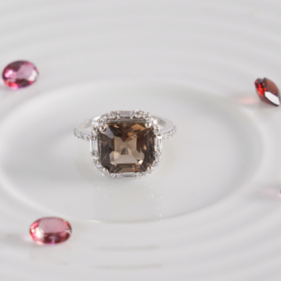 Smoky Quartz Asscher Cut Sterling Silver Ring