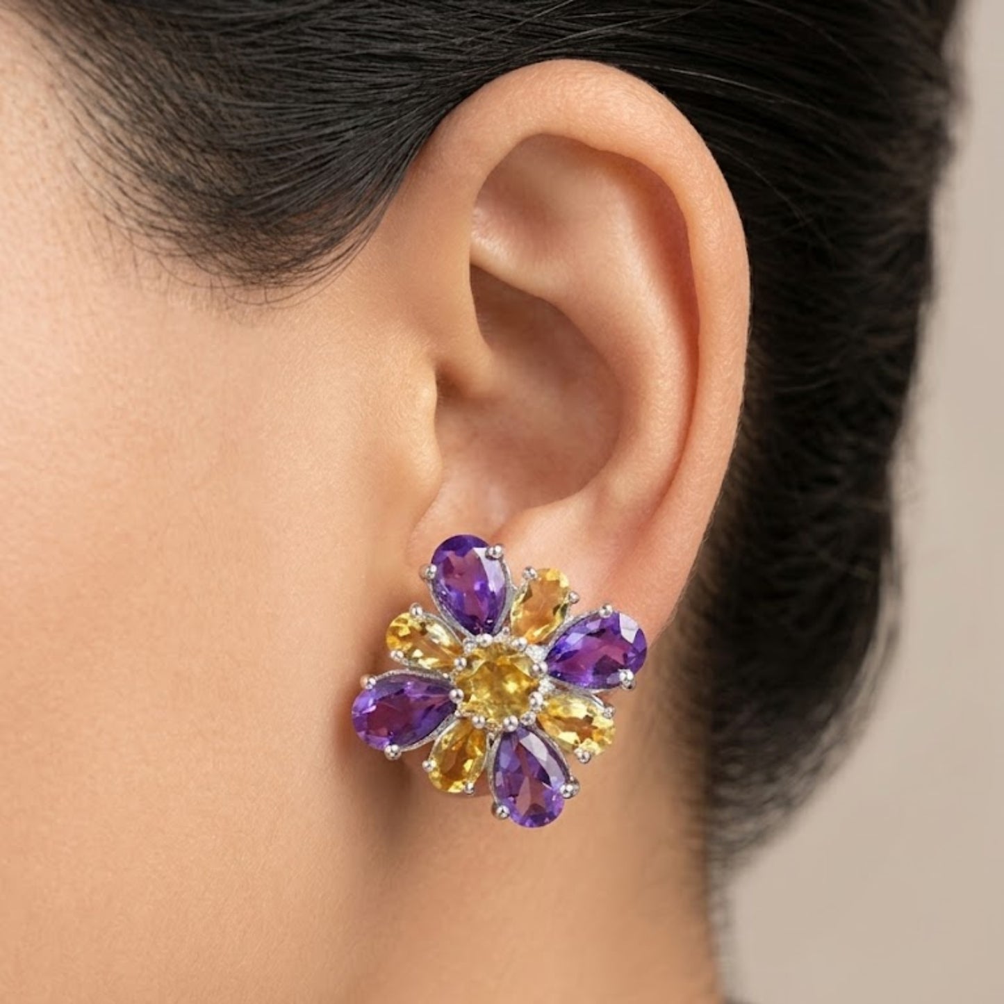 Dual Bloom Amethyst and citrine stud earrings