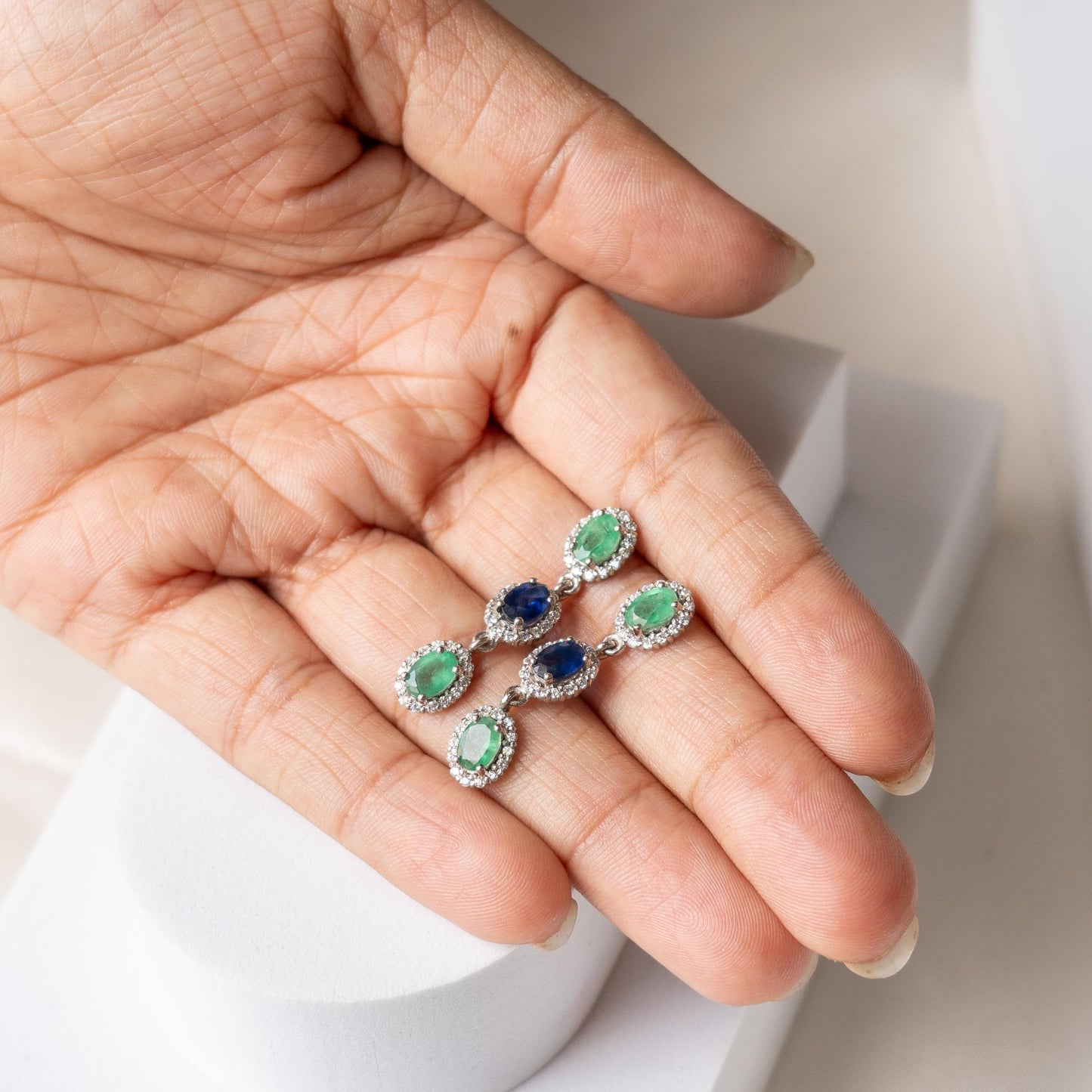 Trinity Glow Natural Sapphire and Emerald Earrings