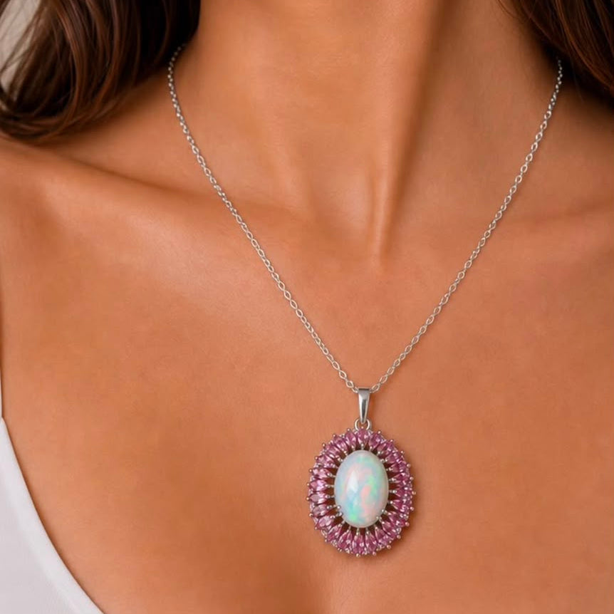 A close-up of a model wearing a silver chain necklace with an oval pendant featuring a white iridescent center stone surrounded by a halo of small pink stones.
