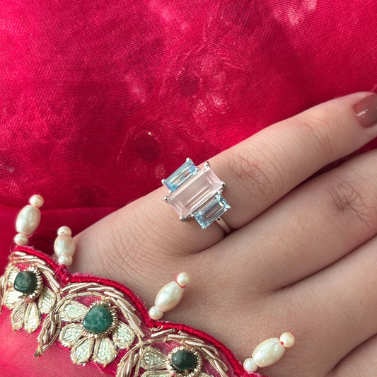 '3 Baguette' Rose Quartz and Sky Blue Topaz Gemstone Ring