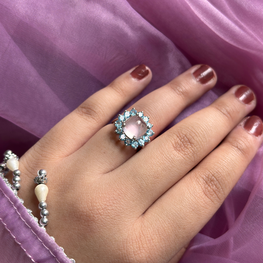 'Bloom Royale' Rose Quartz and Blue Topaz Ring