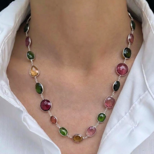 'Gem Medley' Natural Tourmalines 925 Silver 16 Inches Bezel Chain Necklace